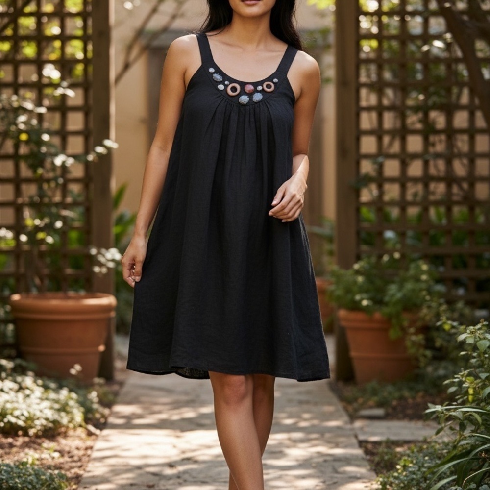 Cynthia Steffe Women's Sz XS Sleeveless Swing Dress Black Beaded Neck Boho Lined